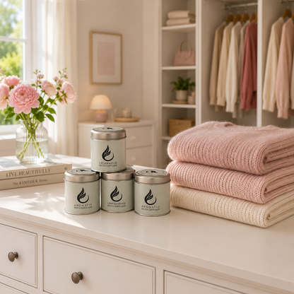 Stack of clothes moth repellent diffusers on a dresser with pink jumpers and flowers in the background