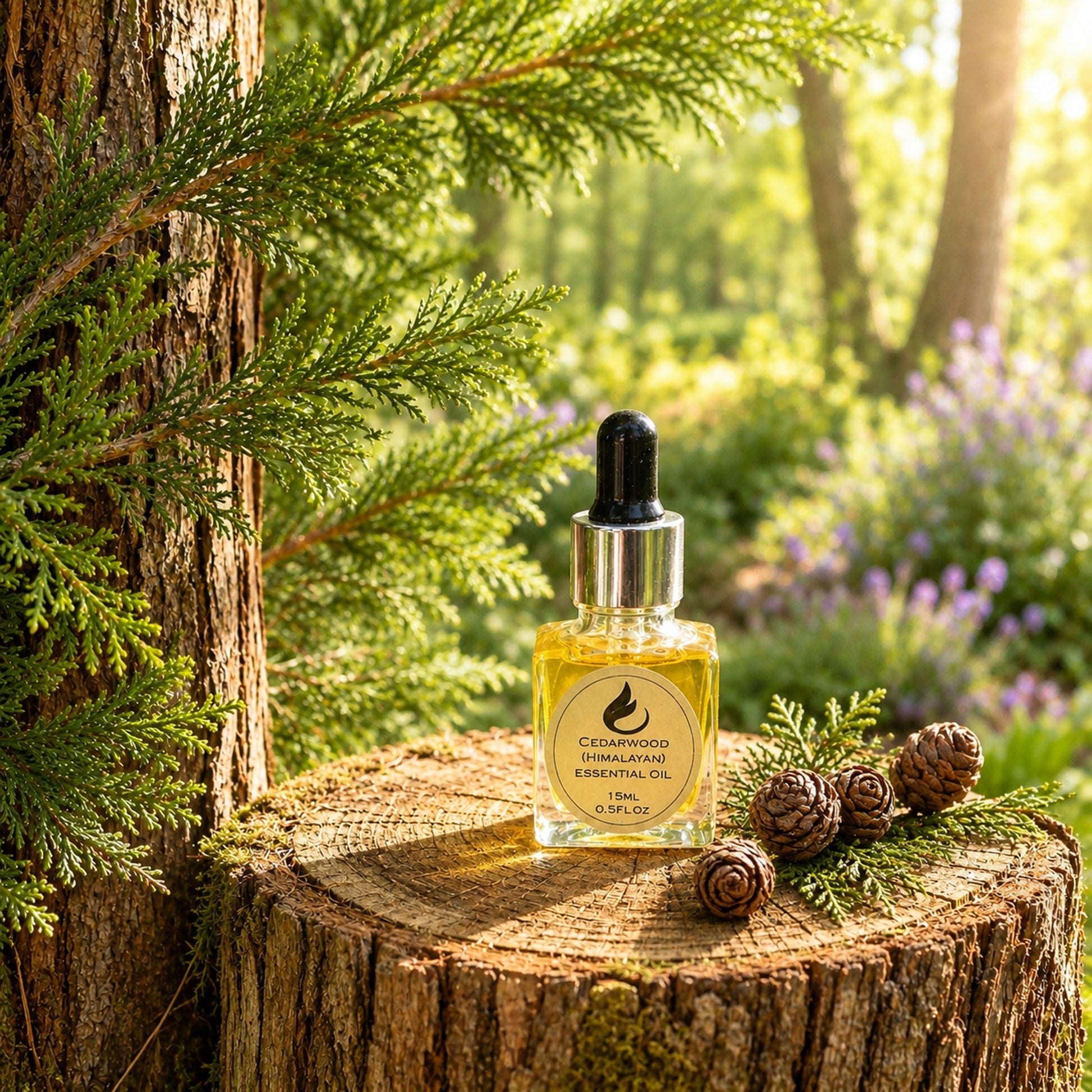 A bottle of cedarwood (Himalayan) essential oil with a dropper cap sits on a tree stump outdoors, surrounded by pine needles, pinecones, and a blurred forest background.