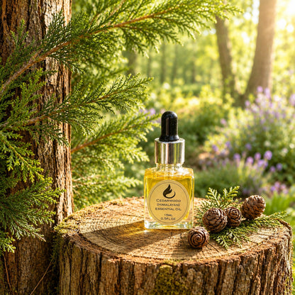 A bottle of cedarwood (Himalayan) essential oil with a dropper cap sits on a tree stump outdoors, surrounded by pine needles, pinecones, and a blurred forest background.