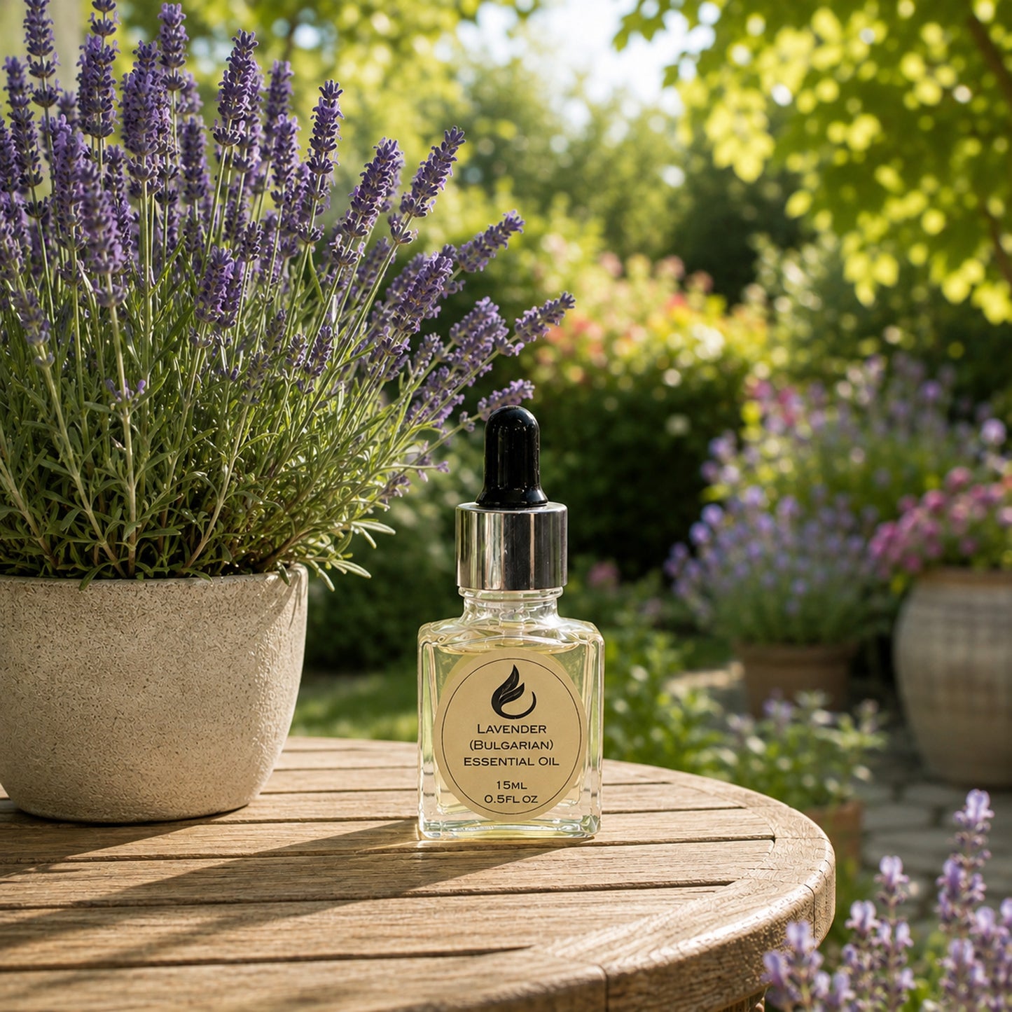 A clear glass dropper bottle of Lavender (Bulgarian) essential oil with a silver cap and black dropper, standing on a round wooden table outdoors beside a potted lavender plant. The background shows a softly blurred garden with green foliage and purple flowers.