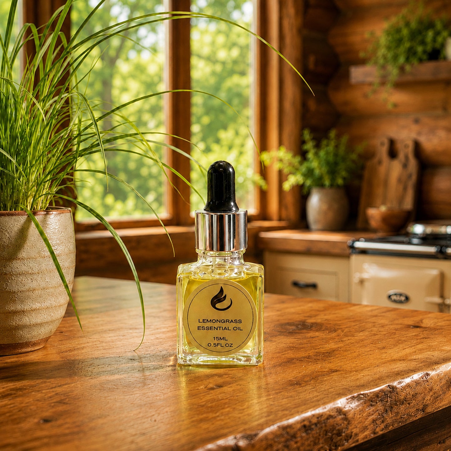 A small glass dropper bottle of lemongrass essential oil with a black dropper cap and silver collar, standing on a rustic wooden table in a cozy cabin kitchen setting.