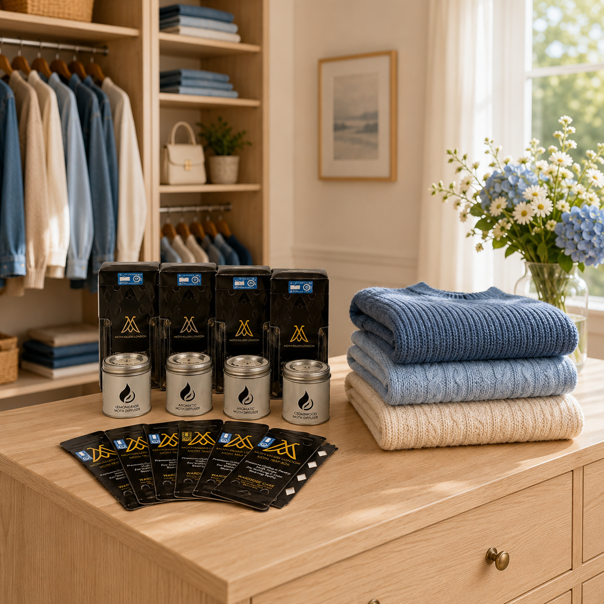 Stack of folded clothes on a dresser with moth repellents and moth traps in a room with clothing and decor.